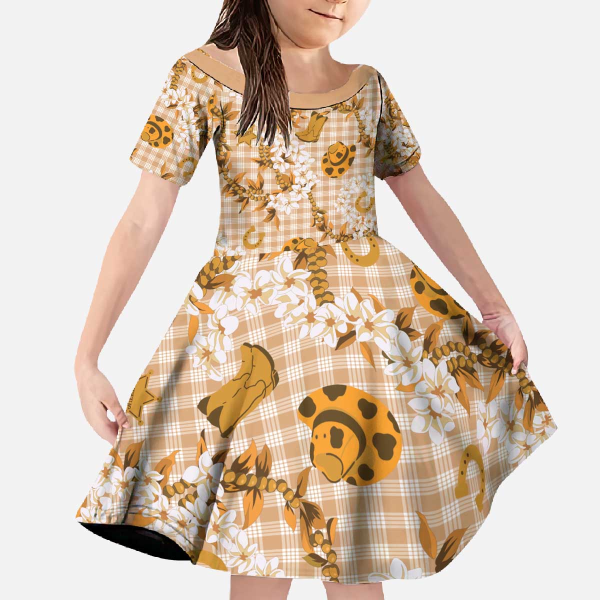 Mokihana Maile Ilima Leis Paniolo Palaka Family Matching Off The Shoulder Long Sleeve Dress and Hawaiian Shirt Hawaiian Kula Spirit - Polynesian Pride