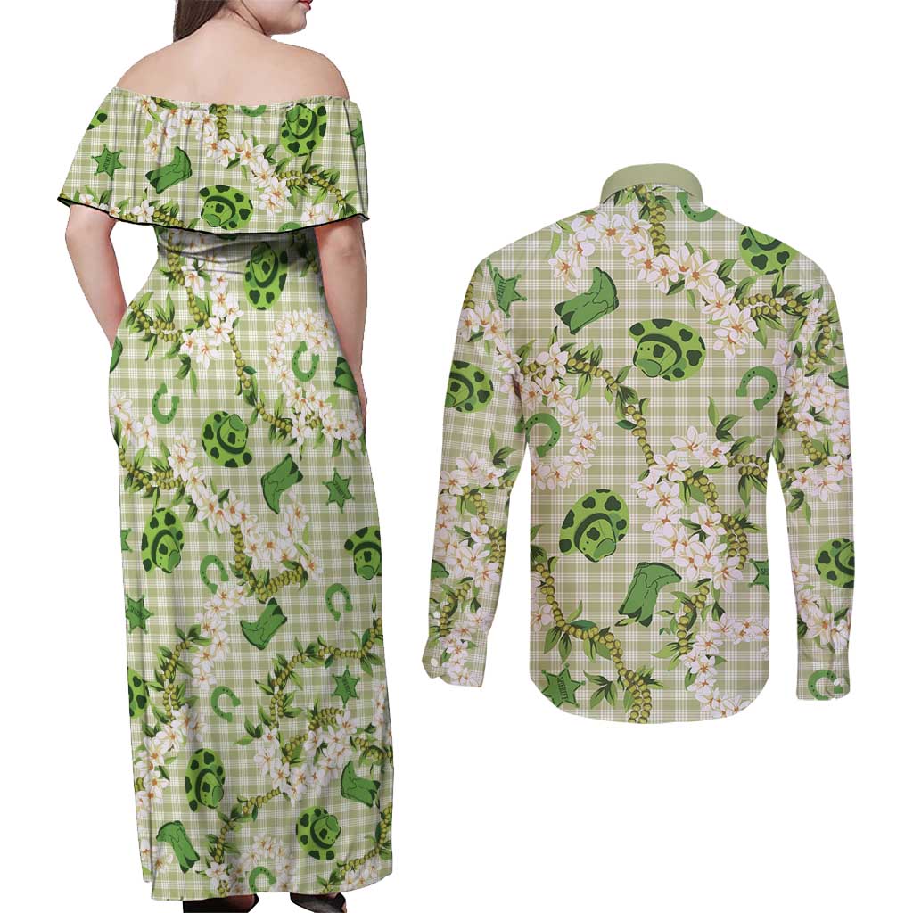 Mokihana Maile Ilima Leis Paniolo Palaka Couples Matching Off Shoulder Maxi Dress and Long Sleeve Button Shirt Hawaiian Omaomo Ala Spirit - Polynesian Pride