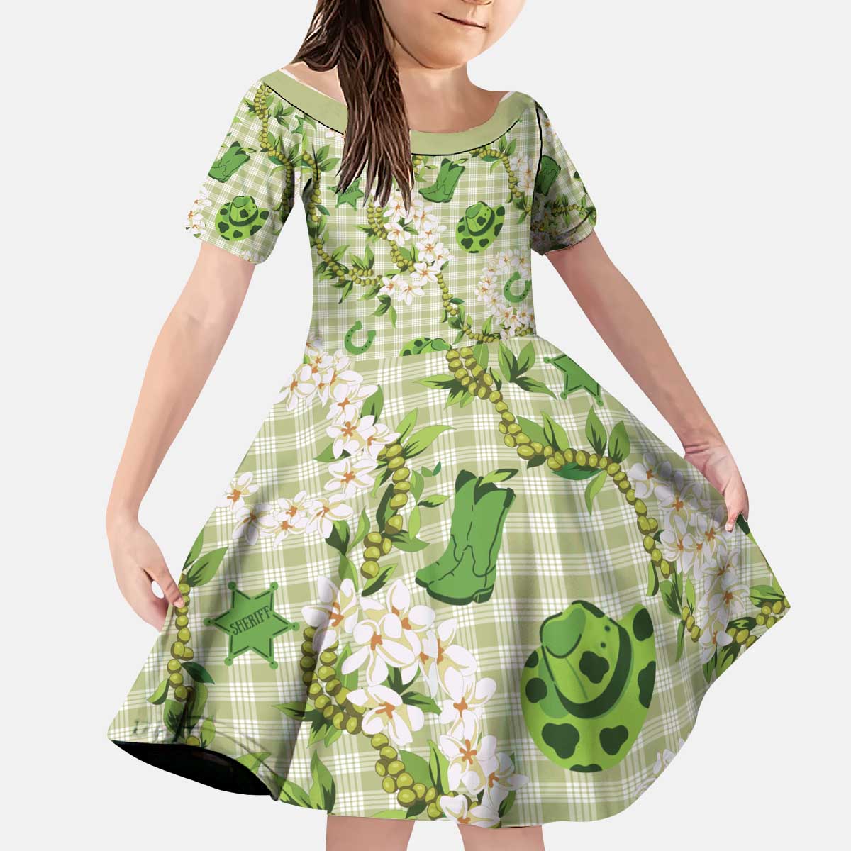 Mokihana Maile Ilima Leis Paniolo Palaka Kid Short Sleeve Dress Hawaiian Omaomo Ala Spirit - Polynesian Pride