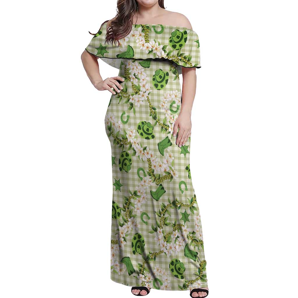 Mokihana Maile Ilima Leis Paniolo Palaka Off Shoulder Maxi Dress Hawaiian Omaomo Ala Spirit - Polynesian Pride