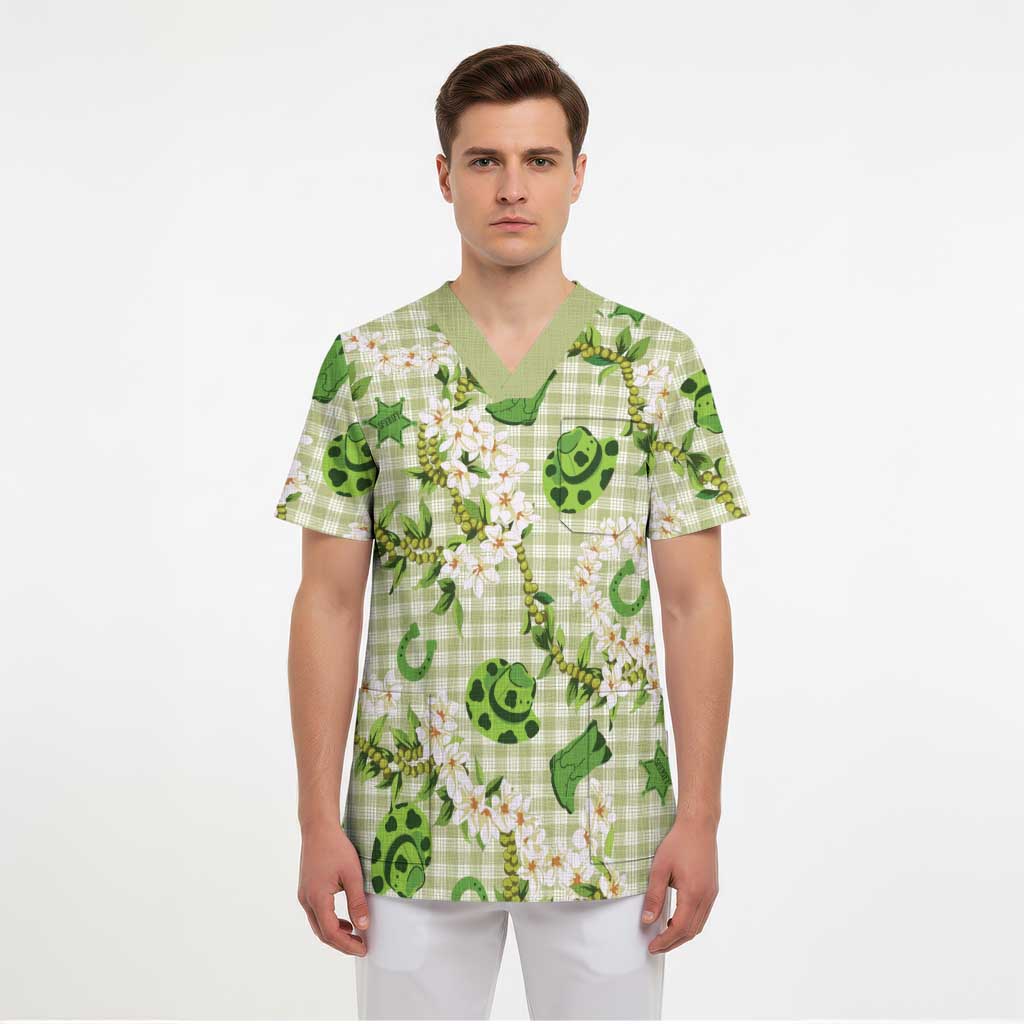 Mokihana Maile Ilima Leis Paniolo Palaka Scrub Top Hawaiian Omaomo Ala Spirit - Polynesian Pride