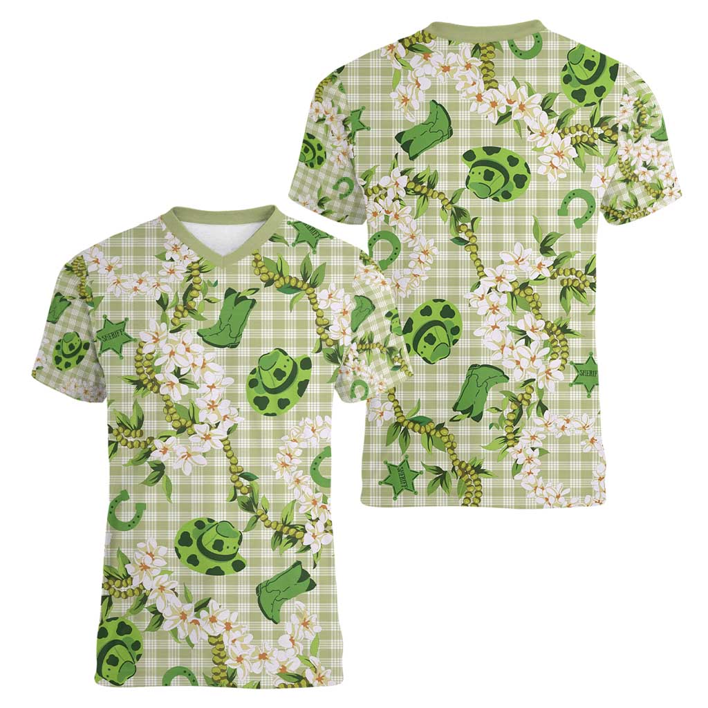 Mokihana Maile Ilima Leis Paniolo Palaka Women V-Neck T-Shirt Hawaiian Omaomo Ala Spirit - Polynesian Pride