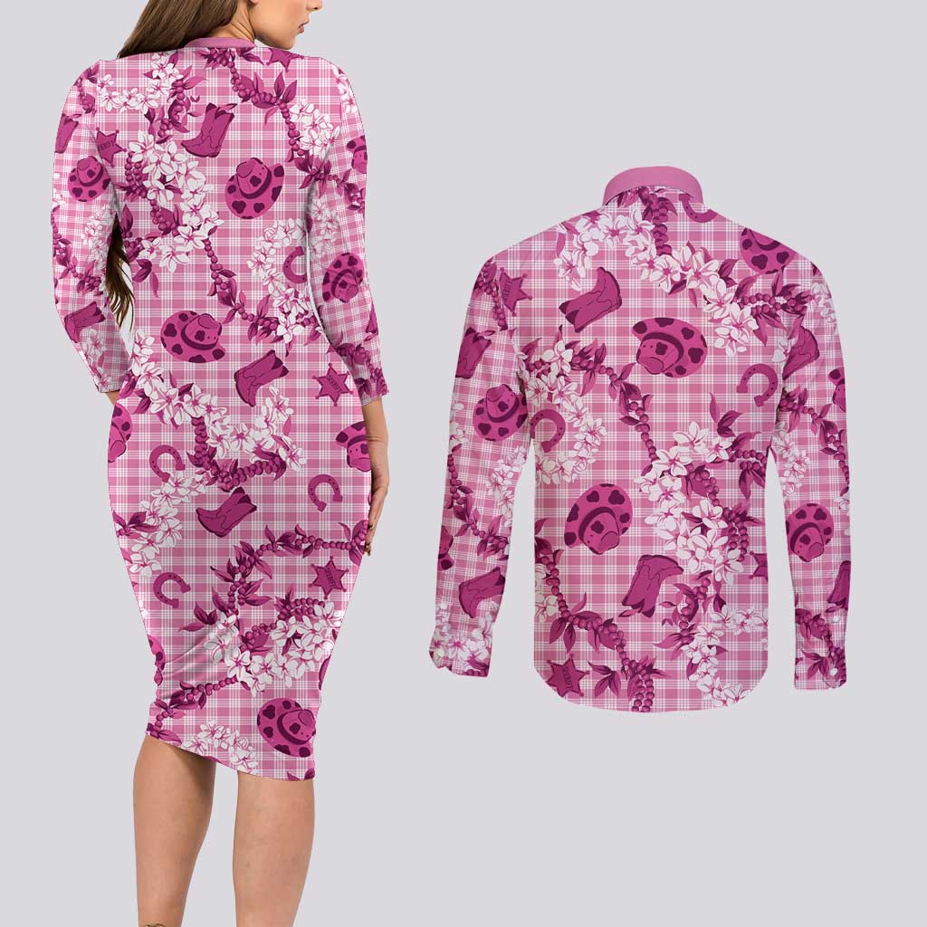 Mokihana Maile Ilima Leis Paniolo Palaka Couples Matching Long Sleeve Bodycon Dress and Long Sleeve Button Shirt Hawaiian Omaomo Ulaula Spirit - Polynesian Pride