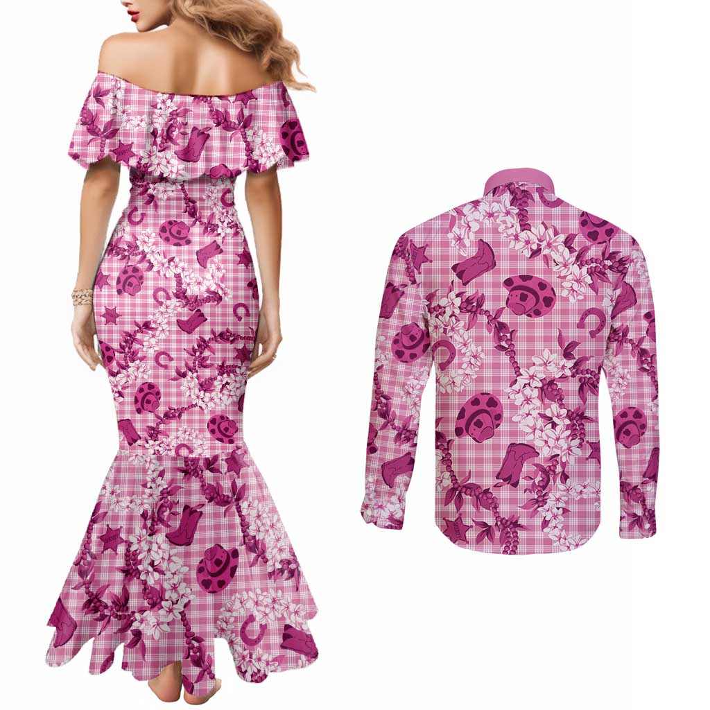 Mokihana Maile Ilima Leis Paniolo Palaka Couples Matching Mermaid Dress and Long Sleeve Button Shirt Hawaiian Omaomo Ulaula Spirit - Polynesian Pride