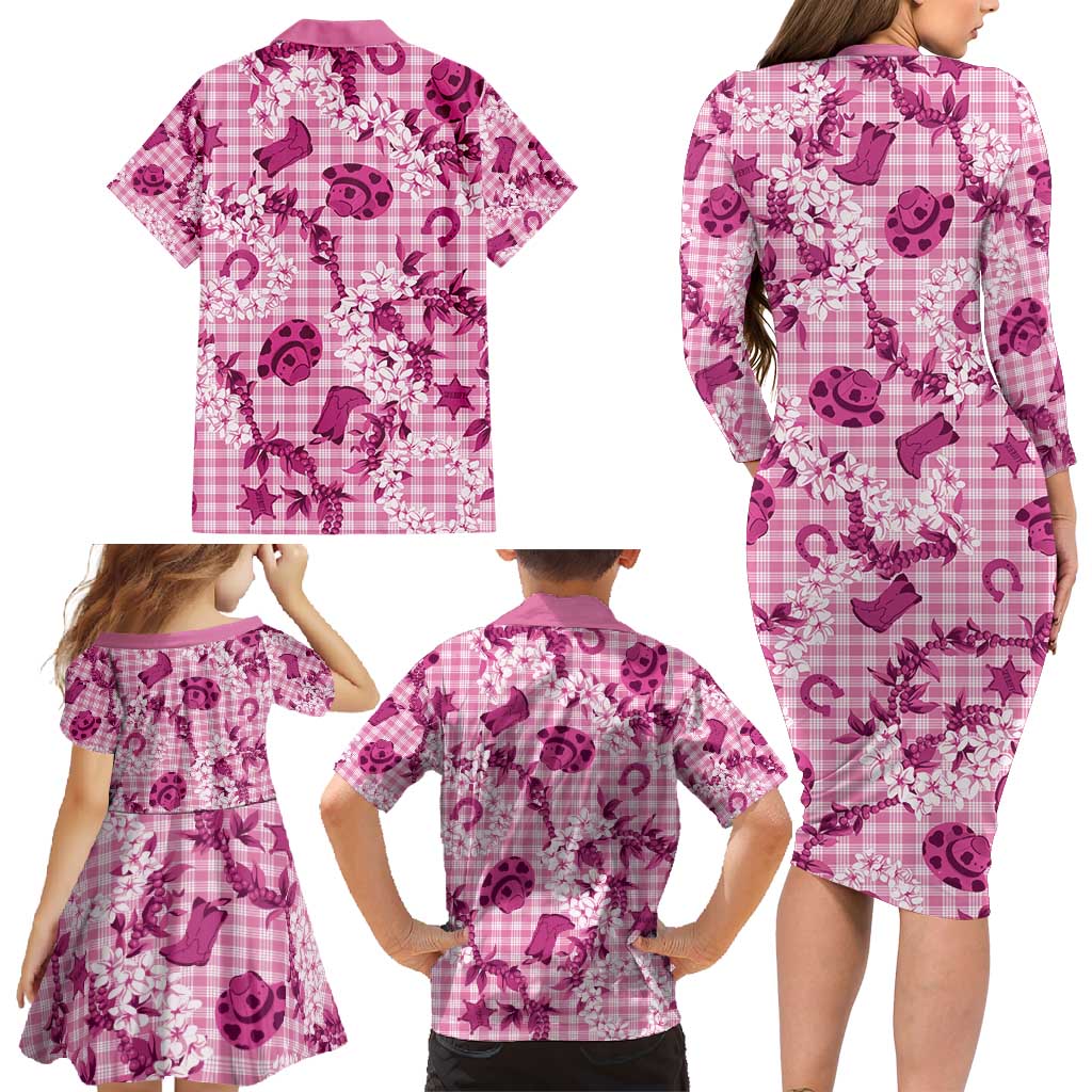 Mokihana Maile Ilima Leis Paniolo Palaka Family Matching Long Sleeve Bodycon Dress and Hawaiian Shirt Hawaiian Omaomo Ulaula Spirit - Polynesian Pride