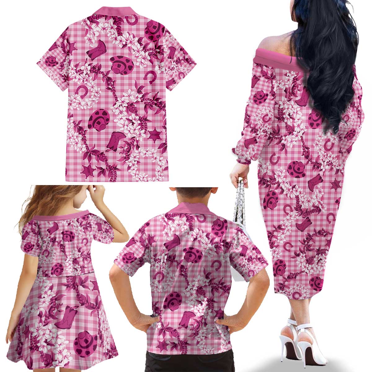 Mokihana Maile Ilima Leis Paniolo Palaka Family Matching Off The Shoulder Long Sleeve Dress and Hawaiian Shirt Hawaiian Omaomo Ulaula Spirit - Polynesian Pride