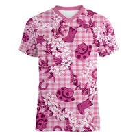 Mokihana Maile Ilima Leis Paniolo Palaka Women V-Neck T-Shirt Hawaiian Omaomo Ulaula Spirit - Polynesian Pride