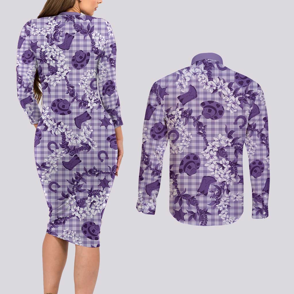 Mokihana Maile Ilima Leis Paniolo Palaka Couples Matching Long Sleeve Bodycon Dress and Long Sleeve Button Shirt Hawaiian Poni Spirit - Polynesian Pride