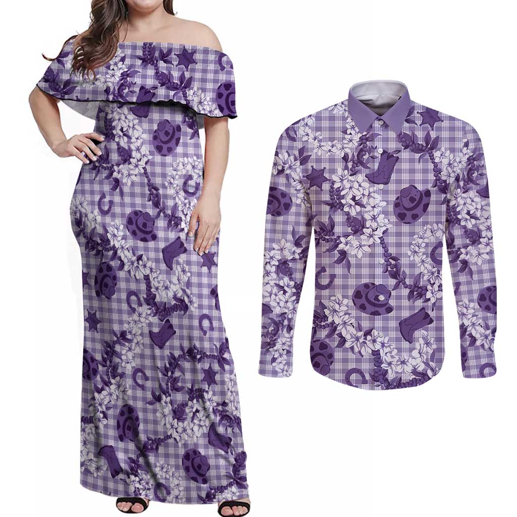 Mokihana Maile Ilima Leis Paniolo Palaka Couples Matching Off Shoulder Maxi Dress and Long Sleeve Button Shirt Hawaiian Poni Spirit - Polynesian Pride