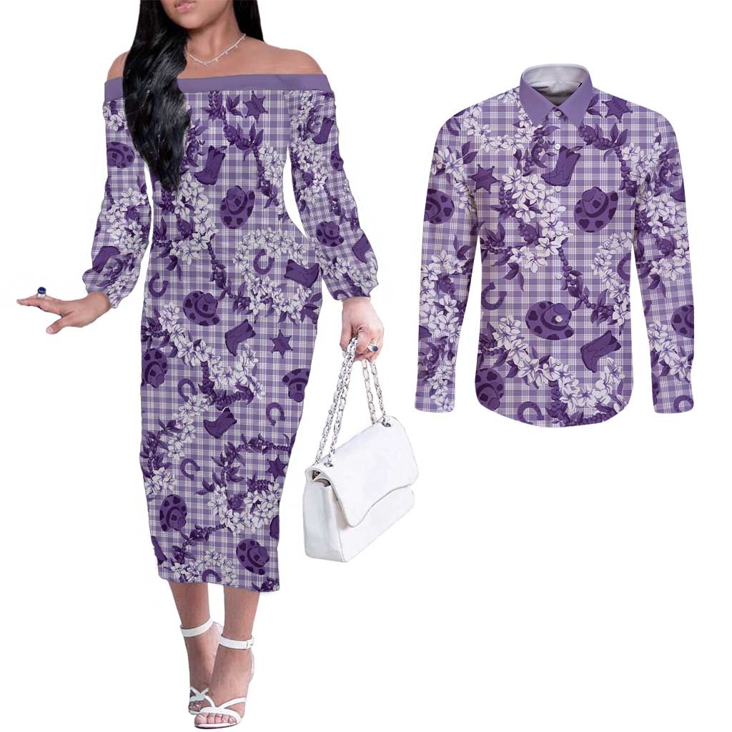 Mokihana Maile Ilima Leis Paniolo Palaka Couples Matching Off The Shoulder Long Sleeve Dress and Long Sleeve Button Shirt Hawaiian Poni Spirit - Polynesian Pride