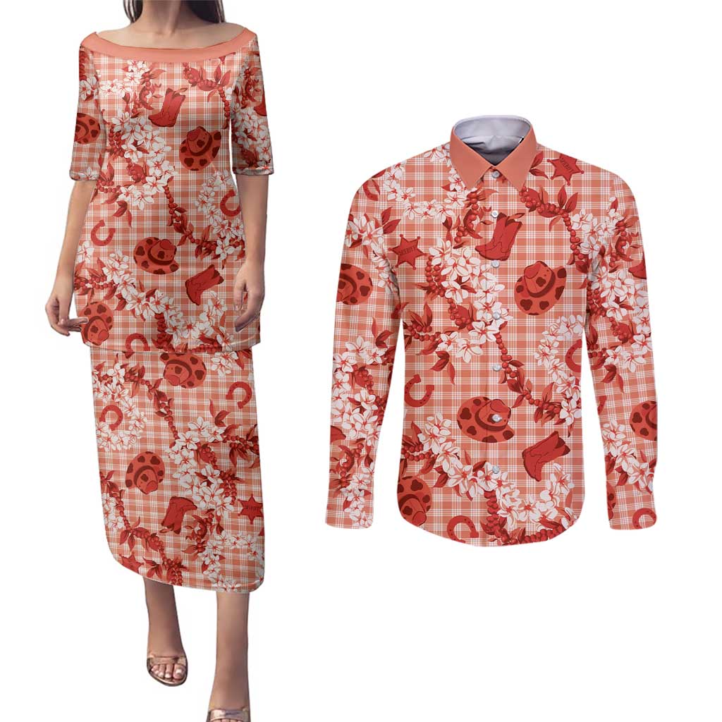 Mokihana Maile Ilima Leis Paniolo Palaka Couples Matching Puletasi and Long Sleeve Button Shirt Hawaiian Ulaula Spirit - Polynesian Pride