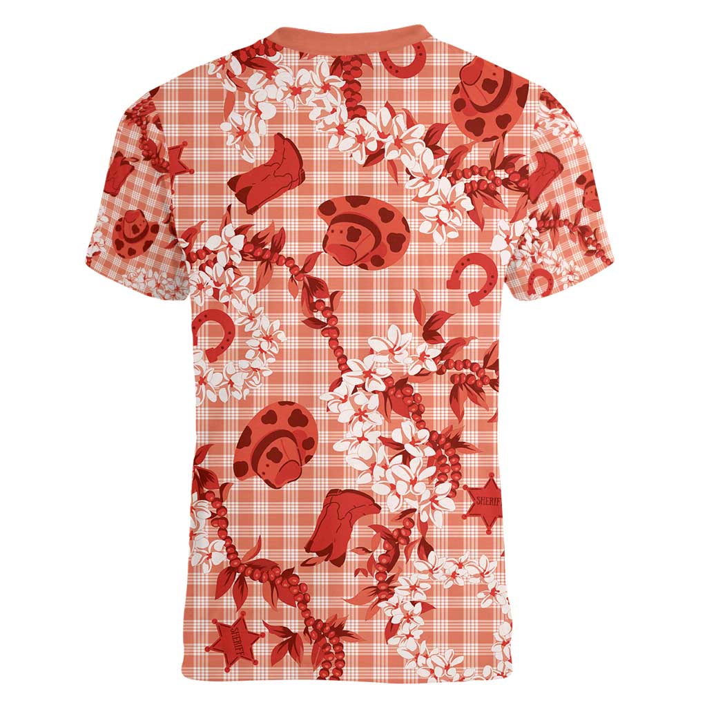 Mokihana Maile Ilima Leis Paniolo Palaka Women V-Neck T-Shirt Hawaiian Ulaula Spirit - Polynesian Pride