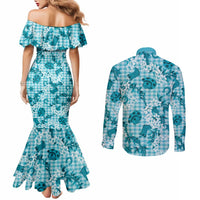 Mokihana Maile Ilima Leis Paniolo Palaka Couples Matching Mermaid Dress and Long Sleeve Button Shirt Hawaiian Polu Opa Spirit - Polynesian Pride