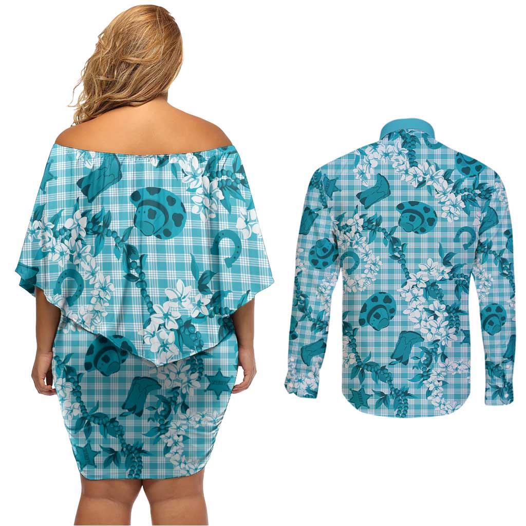 Mokihana Maile Ilima Leis Paniolo Palaka Couples Matching Off Shoulder Short Dress and Long Sleeve Button Shirt Hawaiian Polu Opa Spirit - Polynesian Pride