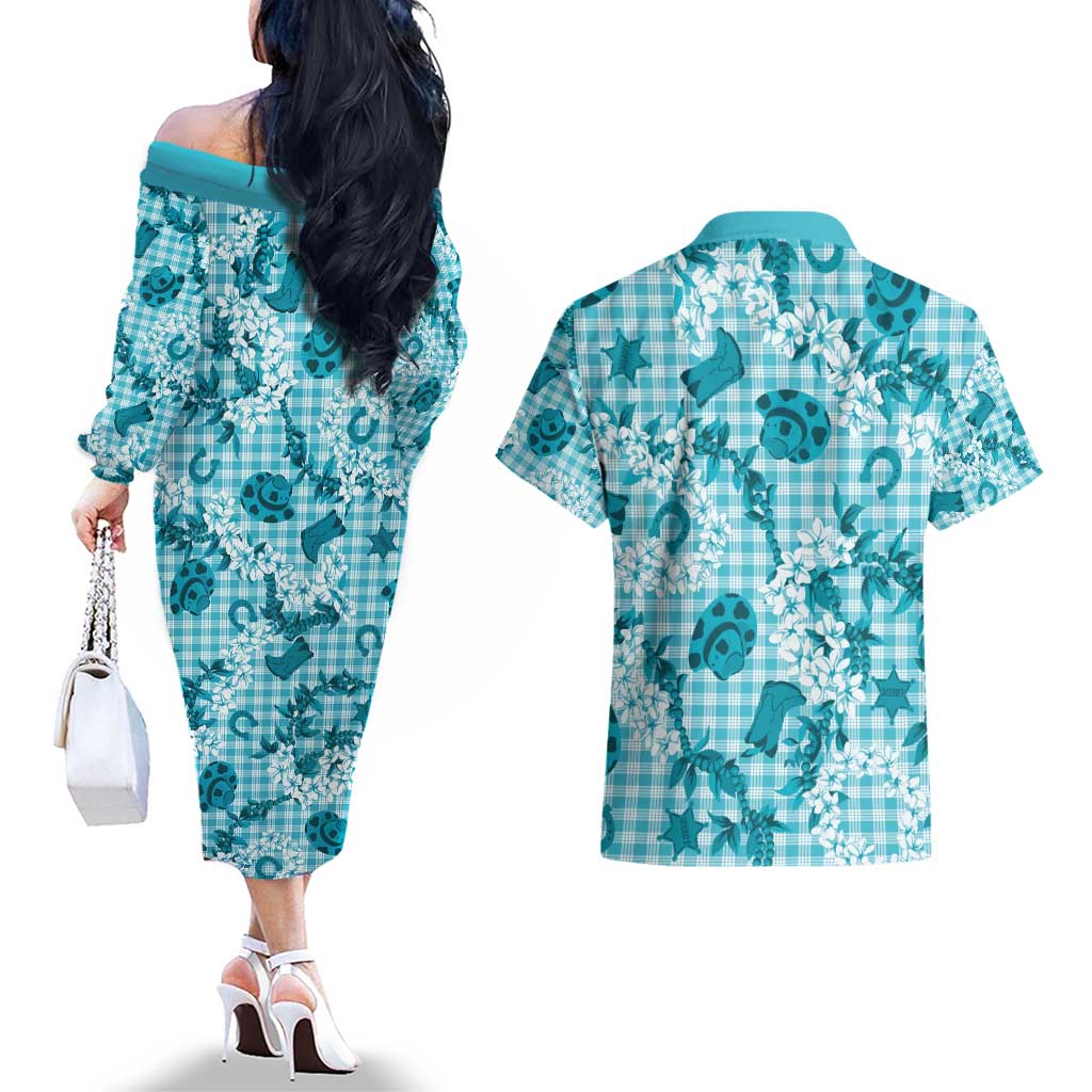 Mokihana Maile Ilima Leis Paniolo Palaka Couples Matching Off The Shoulder Long Sleeve Dress and Hawaiian Shirt Hawaiian Polu Opa Spirit - Polynesian Pride