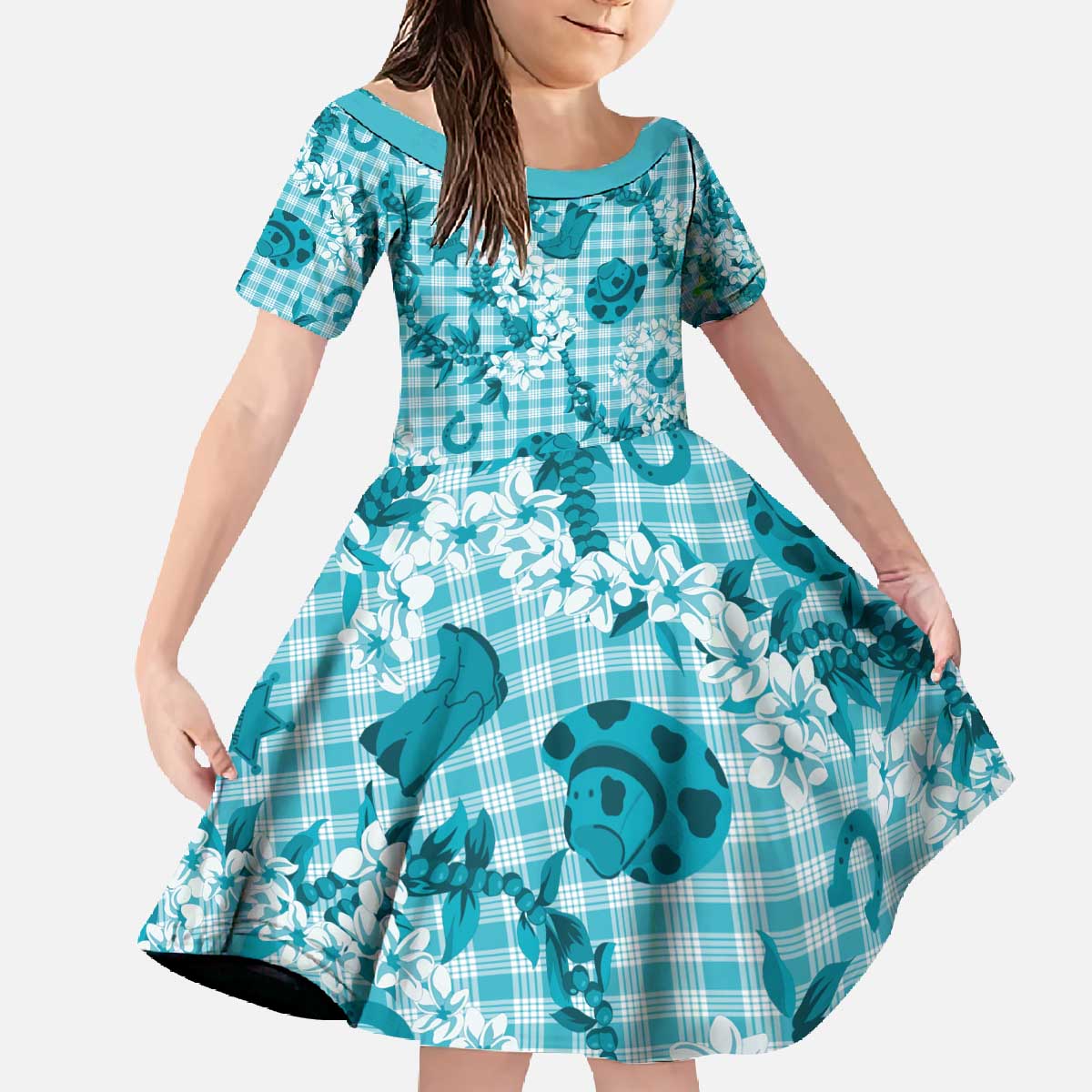 Mokihana Maile Ilima Leis Paniolo Palaka Family Matching Off The Shoulder Long Sleeve Dress and Hawaiian Shirt Hawaiian Polu Opa Spirit - Polynesian Pride