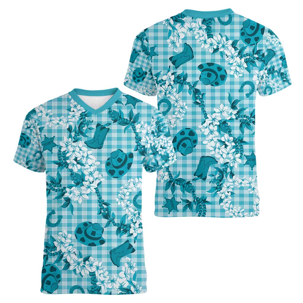 Mokihana Maile Ilima Leis Paniolo Palaka Women V-Neck T-Shirt Hawaiian Polu Opa Spirit - Polynesian Pride