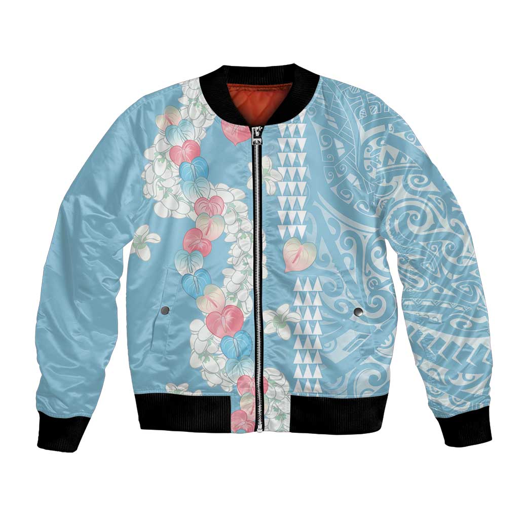 Blue Hawaii Anthurium Plumeria Lei Bomber Jacket