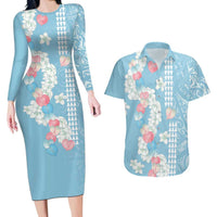 Blue Hawaii Anthurium Plumeria Lei Couples Matching Long Sleeve Bodycon Dress and Hawaiian Shirt LT9 Blue - Polynesian Pride