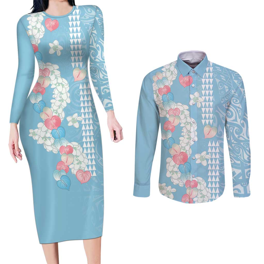 Blue Hawaii Anthurium Plumeria Lei Couples Matching Long Sleeve Bodycon Dress and Long Sleeve Button Shirt LT9 Blue - Polynesian Pride