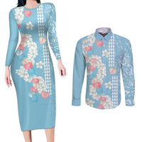 Blue Hawaii Anthurium Plumeria Lei Couples Matching Long Sleeve Bodycon Dress and Long Sleeve Button Shirt LT9 Blue - Polynesian Pride