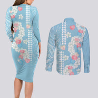 Blue Hawaii Anthurium Plumeria Lei Couples Matching Long Sleeve Bodycon Dress and Long Sleeve Button Shirt LT9 - Polynesian Pride