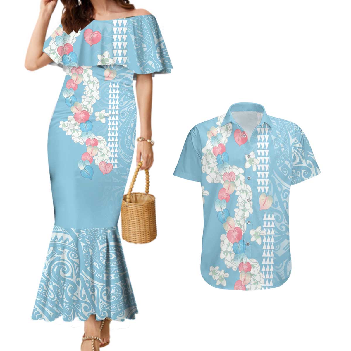 Blue Hawaii Anthurium Plumeria Lei Couples Matching Mermaid Dress and Hawaiian Shirt
