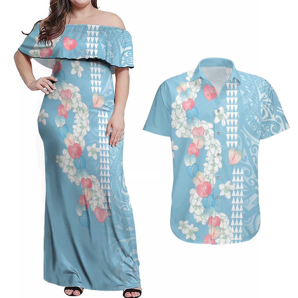 Blue Hawaii Anthurium Plumeria Lei Couples Matching Off Shoulder Maxi Dress and Hawaiian Shirt LT9 Blue - Polynesian Pride