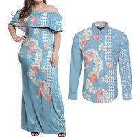 Blue Hawaii Anthurium Plumeria Lei Couples Matching Off Shoulder Maxi Dress and Long Sleeve Button Shirt