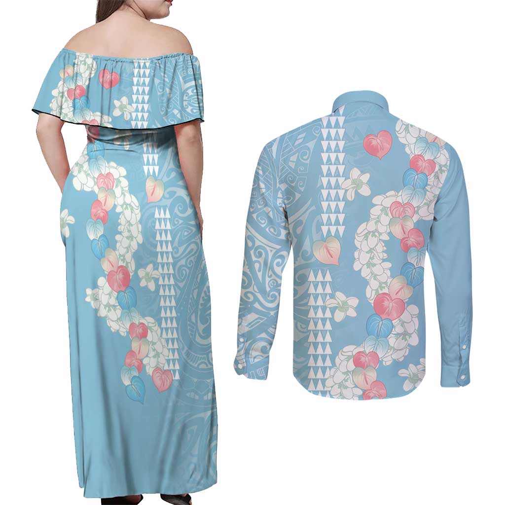 Blue Hawaii Anthurium Plumeria Lei Couples Matching Off Shoulder Maxi Dress and Long Sleeve Button Shirt