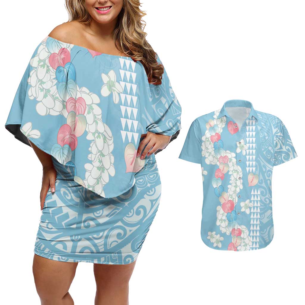 Blue Hawaii Anthurium Plumeria Lei Couples Matching Off Shoulder Short Dress and Hawaiian Shirt LT9 Blue - Polynesian Pride