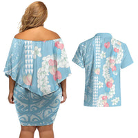 Blue Hawaii Anthurium Plumeria Lei Couples Matching Off Shoulder Short Dress and Hawaiian Shirt LT9 - Polynesian Pride