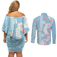 Blue Hawaii Anthurium Plumeria Lei Couples Matching Off Shoulder Short Dress and Long Sleeve Button Shirt