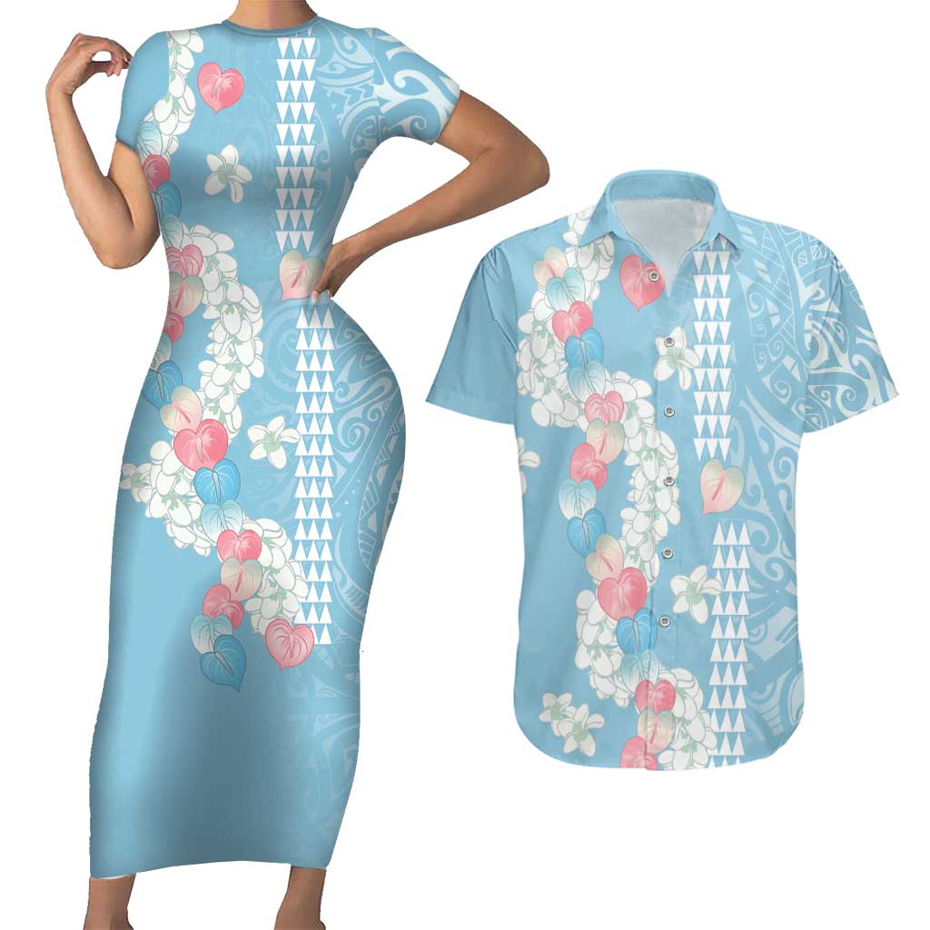 Blue Hawaii Anthurium Plumeria Lei Couples Matching Short Sleeve Bodycon Dress and Hawaiian Shirt LT9 Blue - Polynesian Pride