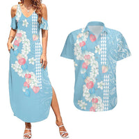 Blue Hawaii Anthurium Plumeria Lei Couples Matching Summer Maxi Dress and Hawaiian Shirt
