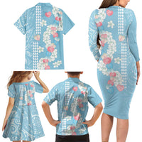 Blue Hawaii Anthurium Plumeria Lei Family Matching Long Sleeve Bodycon Dress and Hawaiian Shirt