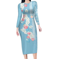 Blue Hawaii Anthurium Plumeria Lei Family Matching Long Sleeve Bodycon Dress and Hawaiian Shirt