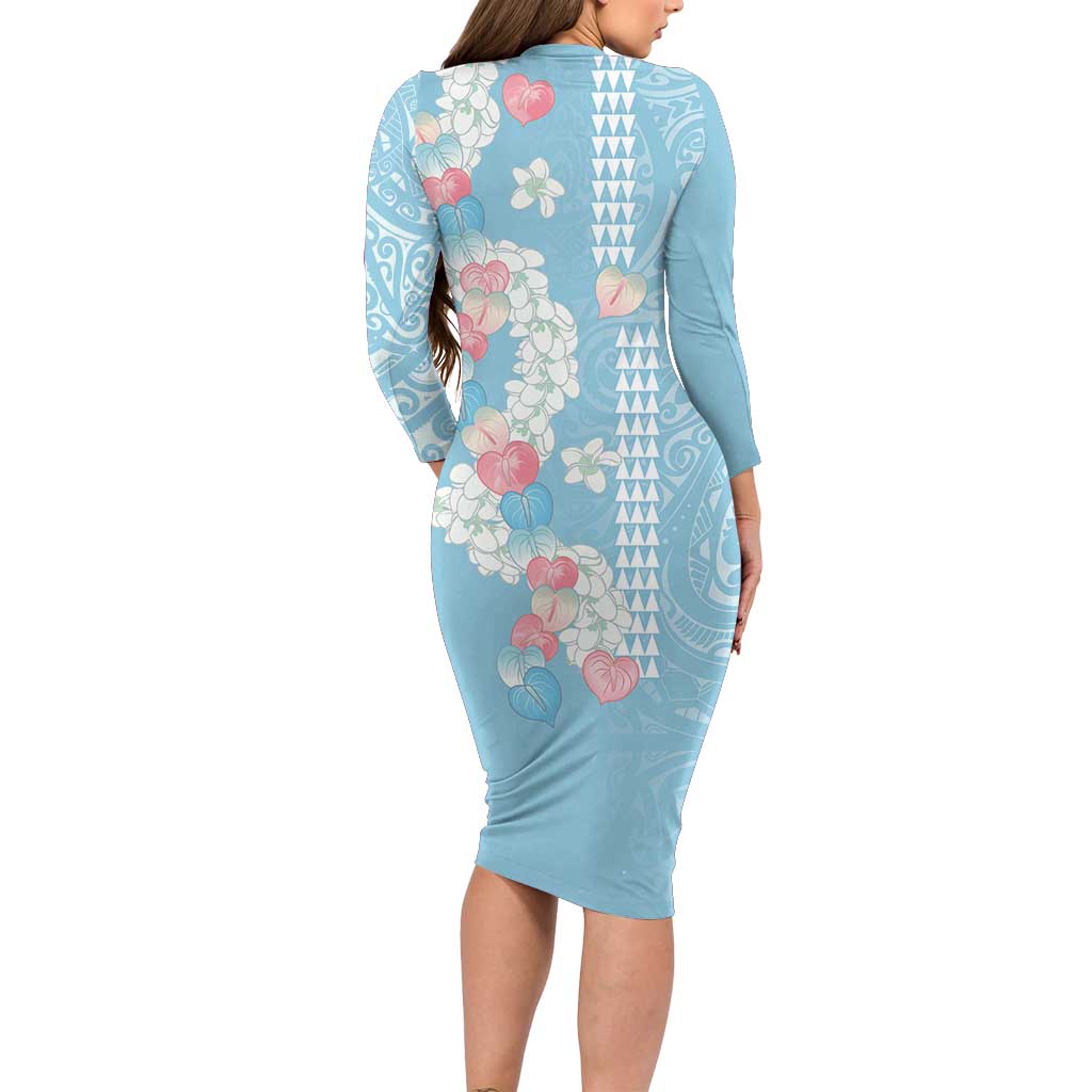 Blue Hawaii Anthurium Plumeria Lei Family Matching Long Sleeve Bodycon Dress and Hawaiian Shirt