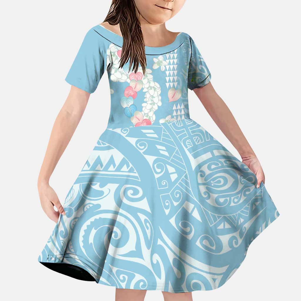 Blue Hawaii Anthurium Plumeria Lei Family Matching Off Shoulder Short Dress and Hawaiian Shirt LT9 Daughter's Dress Blue - Polynesian Pride