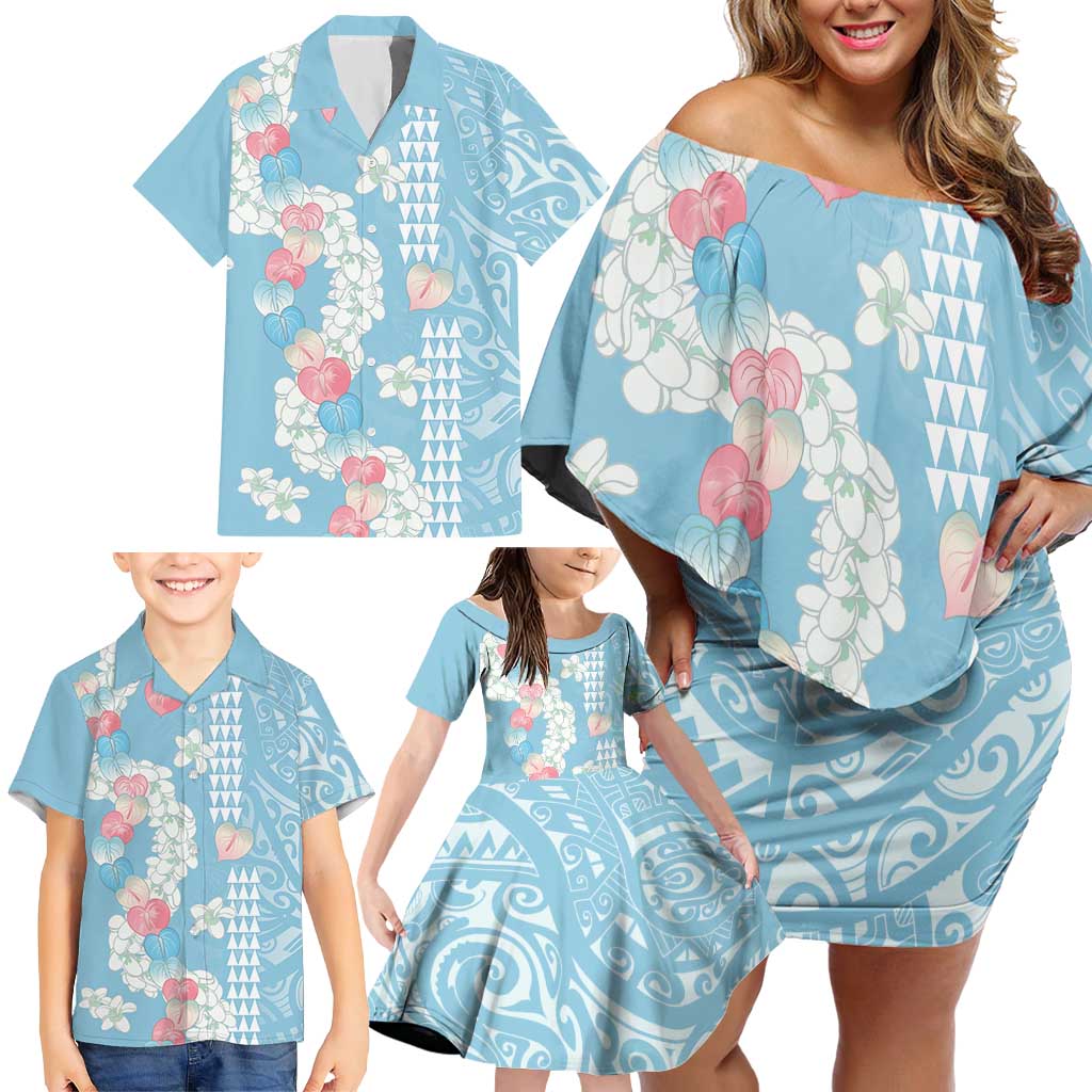 Blue Hawaii Anthurium Plumeria Lei Family Matching Off Shoulder Short Dress and Hawaiian Shirt LT9 - Polynesian Pride