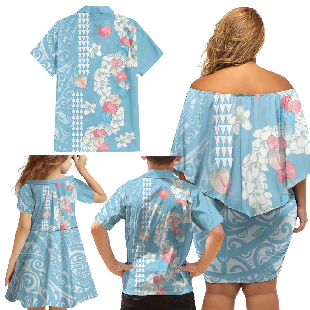 Blue Hawaii Anthurium Plumeria Lei Family Matching Off Shoulder Short Dress and Hawaiian Shirt LT9 - Polynesian Pride