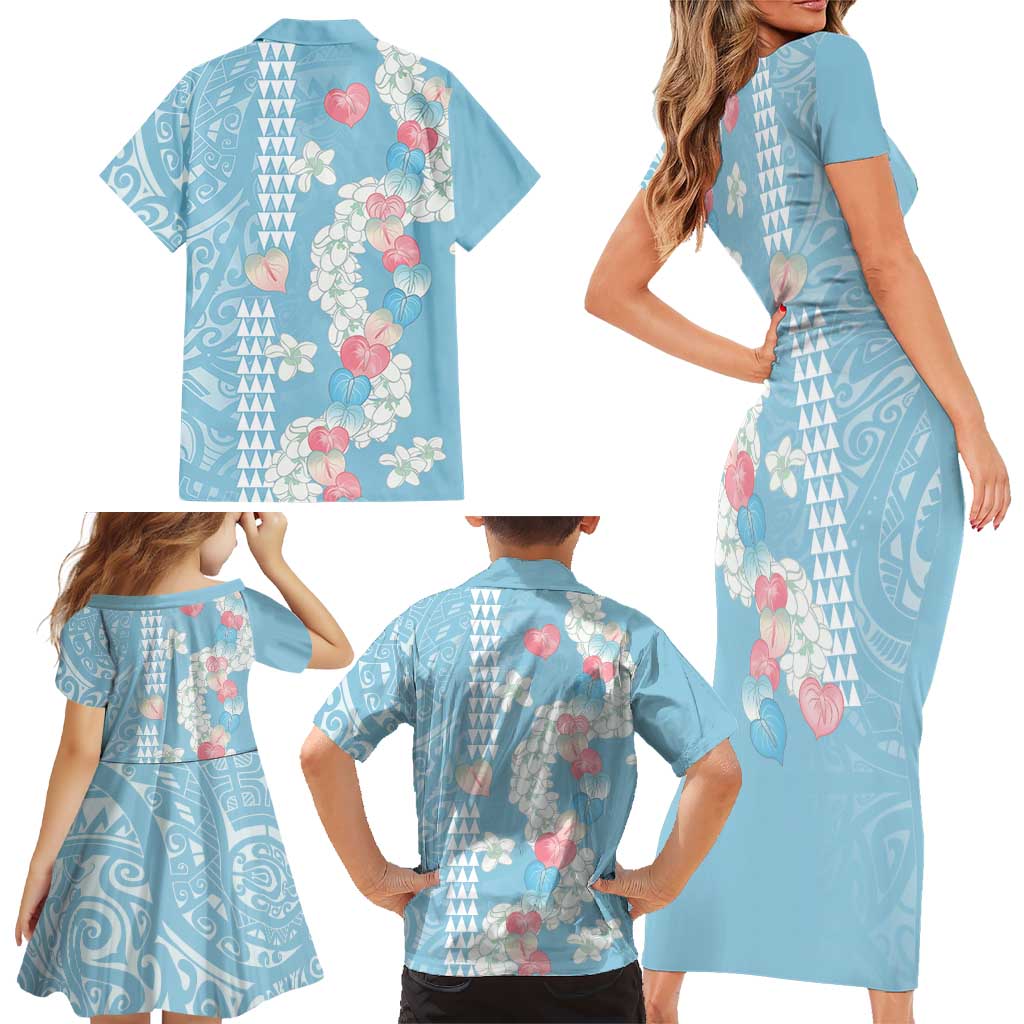 Blue Hawaii Anthurium Plumeria Lei Family Matching Short Sleeve Bodycon Dress and Hawaiian Shirt