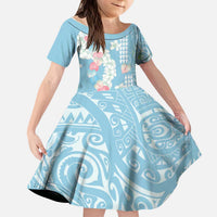 Blue Hawaii Anthurium Plumeria Lei Kid Short Sleeve Dress