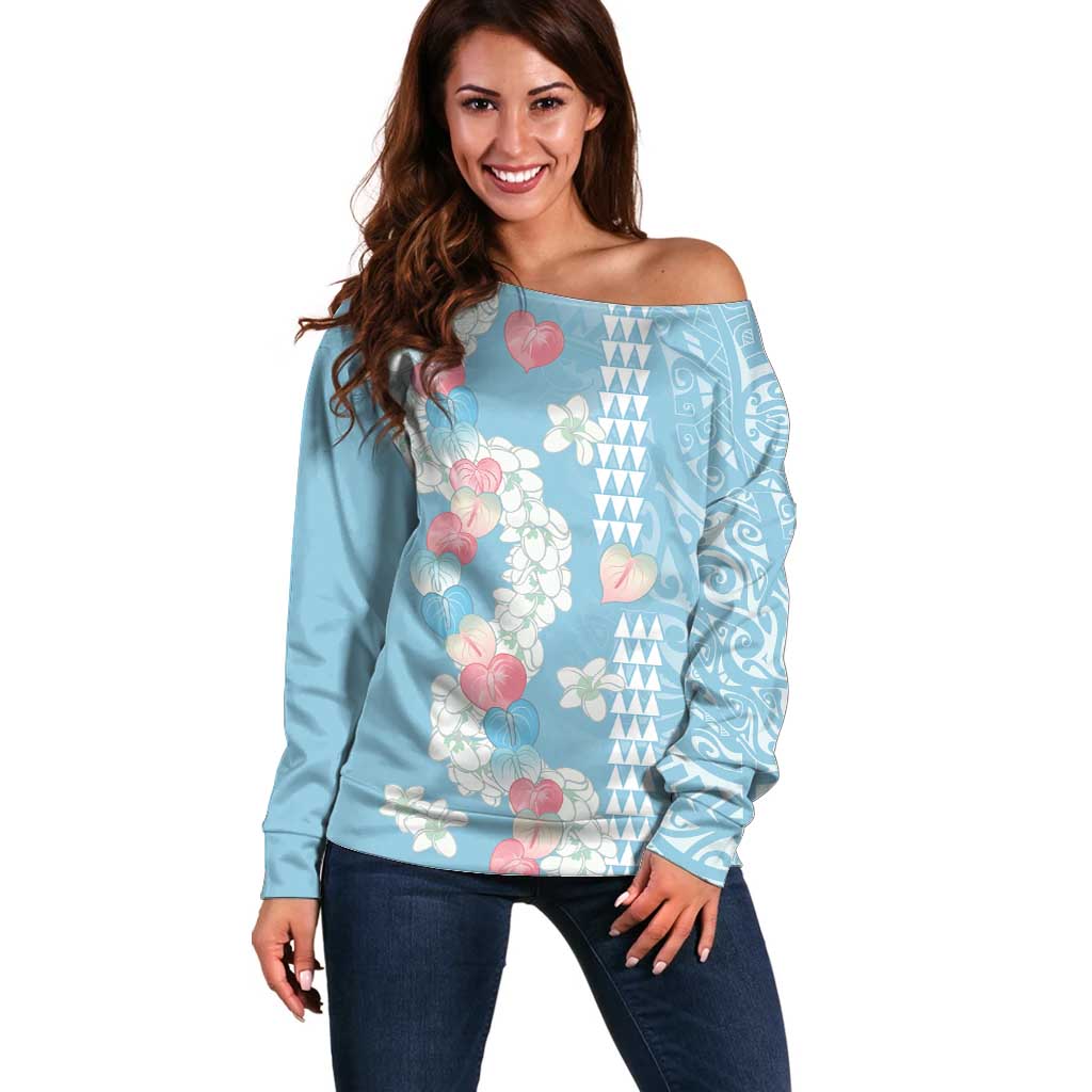 Blue Hawaii Anthurium Plumeria Lei Off Shoulder Sweater