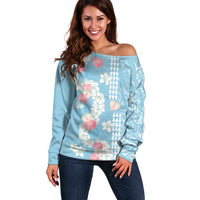 Blue Hawaii Anthurium Plumeria Lei Off Shoulder Sweater