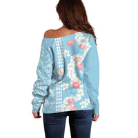 Blue Hawaii Anthurium Plumeria Lei Off Shoulder Sweater