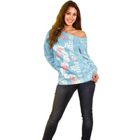 Blue Hawaii Anthurium Plumeria Lei Off Shoulder Sweater
