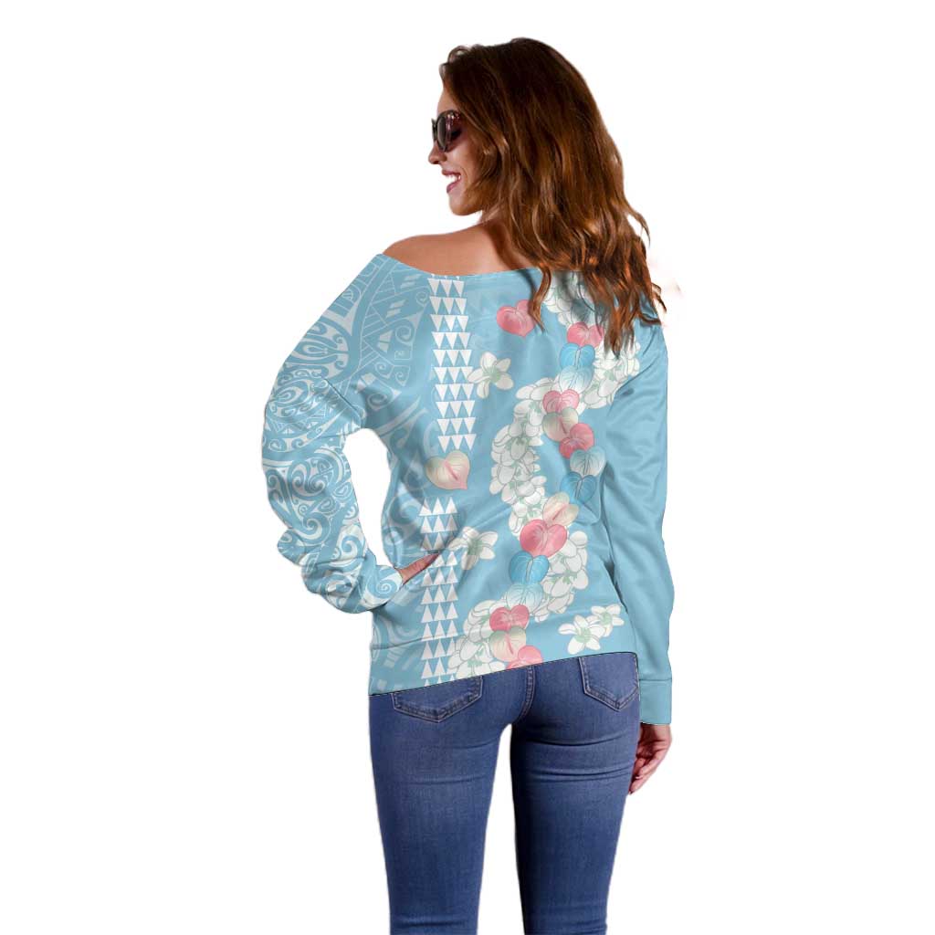 Blue Hawaii Anthurium Plumeria Lei Off Shoulder Sweater