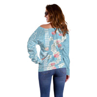 Blue Hawaii Anthurium Plumeria Lei Off Shoulder Sweater