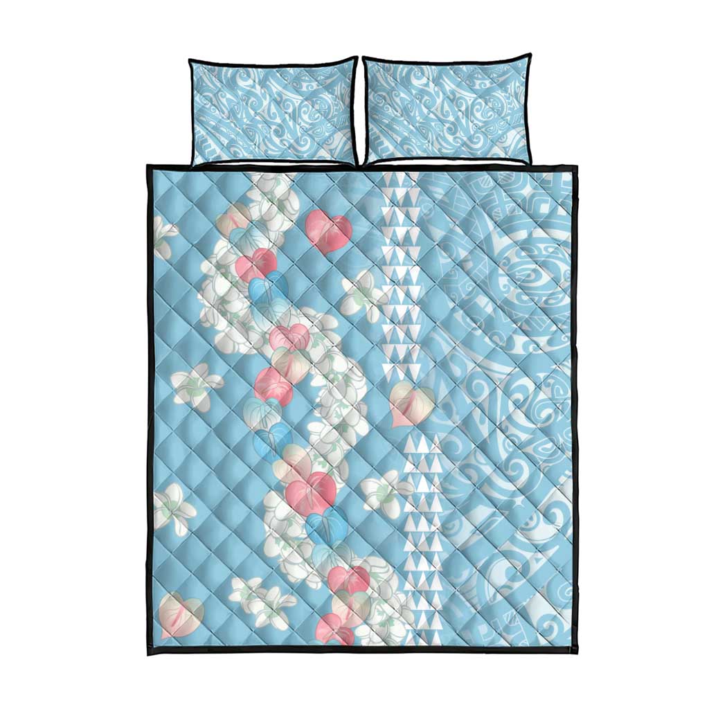 Blue Hawaii Anthurium Plumeria Lei Quilt Bed Set